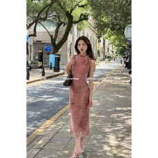 批发甜美风气质波点粉色连衣裙女夏季千金感绑带收腰修身显瘦包臀长裙