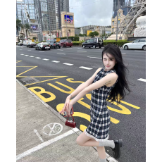 批发<b class='q'>明星</b><b class='q'>同款</b>格纹无袖背心连衣裙女气质法式学院风复古显瘦短裙