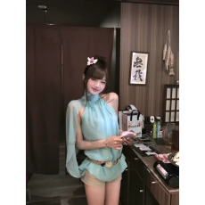批发挂脖上衣女高级感名媛千金重工烫钻花朵<b class='q'>无袖</b>背心性感露背雪纺小衫