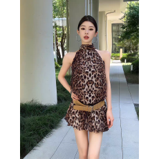 批发纯欲风气质超仙豹纹挂脖连衣<b class='q'>裙</b>女夏季时尚复古辣妹收腰花苞雪纺<b class='q'>裙</b>