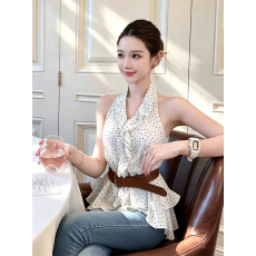 批发法式独特漂亮波点飘带<b class='q'>衬衫</b>女2026夏季新款气质荷叶边无袖绝美上衣