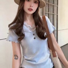 批发夏季新款纯欲风宽松显瘦短袖套头上衣女翻领拼接蕾丝针织衫