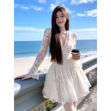 批发法式千金风V领蕾丝<b class='q'>长袖</b>连衣裙女秋季新款纯欲收腰显瘦绝美a字短裙