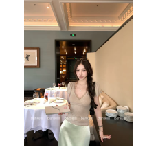 批发茶棕蕾丝花边V领小飞袖T恤女夏季收腰褶皱修身<b class='q'>短</b>款纯欲风辣妹上衣