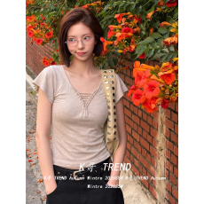 批发纯欲风v领绳结T恤<b class='q'>女</b>夏季穿搭莱赛尔休闲百搭短袖<b class='q'>修身</b>显瘦辣妹上衣