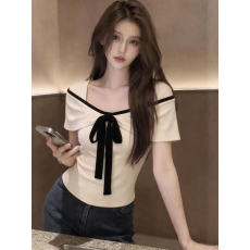 批发法式复古撞色方领短袖<b class='q'>t</b><b class='q'>恤</b>女夏季设计感小众气质系带修身显瘦上衣