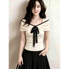 批发法式复古撞色方领短袖<b class='q'>t</b><b class='q'>恤</b>女夏季设计感小众气质系带修身显瘦上衣