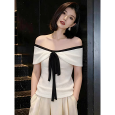 批发法式复古撞色方领短袖<b class='q'>t</b><b class='q'>恤</b>女夏季设计感小众气质系带修身显瘦上衣