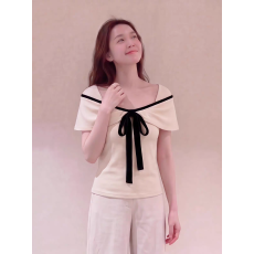 批发法式复古撞色方领短袖<b class='q'>t</b><b class='q'>恤</b>女夏季设计感小众气质系带修身显瘦上衣