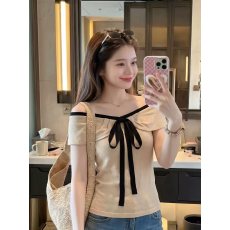 批发法式复古撞色方领短袖<b class='q'>t</b><b class='q'>恤</b>女夏季设计感小众气质系带修身显瘦上衣