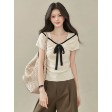 批发法式复古撞色方领短袖<b class='q'>t</b><b class='q'>恤</b>女夏季设计感小众气质系带修身显瘦上衣