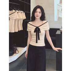 批发法式复古撞色方领短袖<b class='q'>t</b><b class='q'>恤</b>女夏季设计感小众气质系带修身显瘦上衣