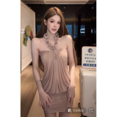 批发法式气质网纱挂脖<b class='q'>连衣裙</b>女夏季新款收腰显瘦时尚穿搭性感包臀裙子