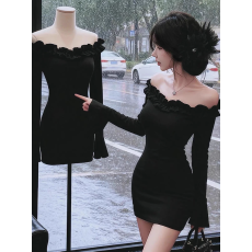 批发一字肩荷叶边喇叭袖露肩<b class='q'>连衣裙</b>女秋季性感紧身内搭打底包臀裙短裙
