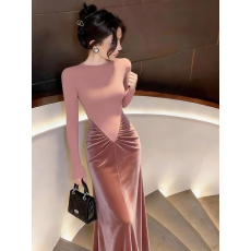 批发粉色拼接丝绒<b class='q'>连衣裙</b>女2025冬季轻奢高级感法式显身材掐腰打底长裙