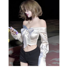 批发法式高级感一字肩缎面蝴蝶结<b class='q'>长袖</b>衬衫女名媛气质内搭别致短款上衣