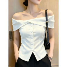批发设计感一字肩露锁骨无袖衬衫女装2026<b class='q'>夏</b>季新款高级感修身开叉上衣