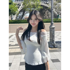 批发纯欲气质一字露肩蕾丝拼接<b class='q'>七分袖</b><b class='q'>T</b><b class='q'>恤</b>女修身显瘦绝美设计感上衣秋