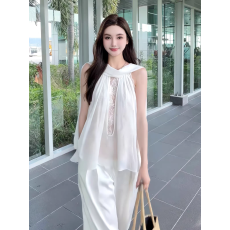 批发白月光超仙蕾丝拼接飘带挂脖<b class='q'>无袖</b>上衣夏季新法式宽松设计感<b class='q'>雪纺衫</b>