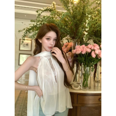 批发白月光超仙蕾丝拼接飘带挂脖<b class='q'>无袖</b>上衣夏季新法式宽松设计感<b class='q'>雪纺衫</b>