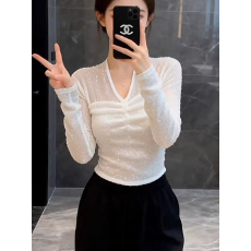 批发法式<b class='q'>V领</b>亮片长袖打底衫女春季新款修身显瘦洋气时髦修身白色上衣