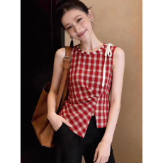 批发复古格纹圆领设计感无袖衬衫女2026夏季<b class='q'>新款</b>设计感不规则显瘦上衣