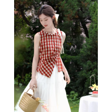 批发复古格纹圆领设计感无袖衬衫女2026夏季<b class='q'>新款</b>设计感不规则显瘦上衣