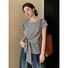 批发格子短袖衬衫女款2026<b class='q'>新款</b>夏季女士绑带收腰超火减龄法式衬衣上衣