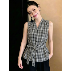 批发V领格纹无袖小衫女2026<b class='q'>新款</b>收腰系带显瘦气质夏季百搭上衣