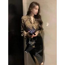 批发小香风套装女2026<b class='q'>新款</b>V领豹纹雪纺衬衫高腰半身裙显瘦气质两件套