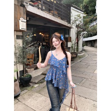批发蓝色碎花荷叶边吊带背心女2026夏季新款不规则飘带<b class='q'>雪纺衫</b><b class='q'>无袖</b>上衣