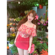 批发<b class='q'>碎花</b>一字肩荷叶边衬衫上衣女夏季御姐风套装短款包臀半身裙两件套