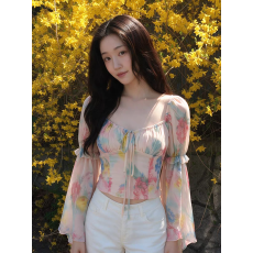 批发法式温柔风独特漂亮碎花方领长袖上衣女2026秋季超好看气质<b class='q'>雪纺衫</b>