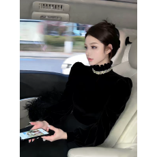 批发法式轻奢风黑色木耳边<b class='q'>立领</b>丝绒<b class='q'>衬衫女</b>秋冬2026新款名媛高级感上衣