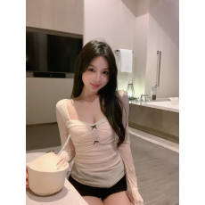 批发纯欲风修身长袖蕾丝衫T恤女早春蝴蝶结方领紧身收腰短款打底上衣