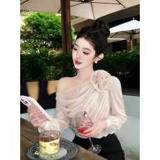 批发纯欲风性感斜肩衬衫女装秋季设计感别致独特抽褶休闲时尚百搭衬衣