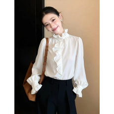 批发法式宫廷风木耳边白色长袖衬衫2026秋季新款小众设计感灯笼袖上衣