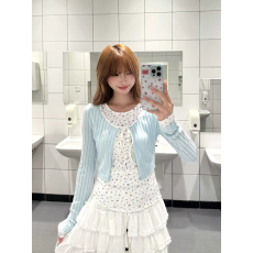 批发韩系早<b class='q'>春</b>甜美温柔蓝色开衫假两件上衣女<b class='q'>春</b>季新款长袖小衫设计小众