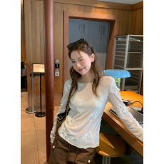 批发芝士兔 蕾丝微透T恤长袖体恤衫女设计感立体绣花重工叠穿气质上衣
