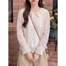 批发法式甜美风蕾丝衬衫女高级感轻奢减龄洋气<b class='q'>白色</b>荷叶边灯笼袖上衣女