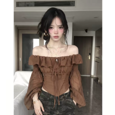 批发纯欲风荷叶边一字肩<b class='q'>衬衫女</b>2026秋季款系带喇叭袖小衫镂空短款上衣