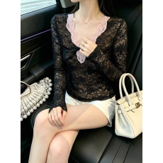 批发纯欲撞色蕾丝上衣<b class='q'>女</b>春秋内搭扭结镂空透视修身短款辣妹长袖打底衫