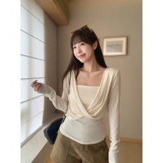 批发设计感短款长袖T恤内搭抹胸叠穿上衣女早秋修身打底衫杏色两件套