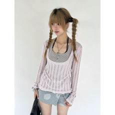 批发韩系辣妹假两件挂脖吊带长袖t恤女小个子秋季漂亮独特超好看上衣