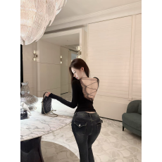批发早秋性感辣妹气质黑色纯欲绑带露背长袖t恤女打底衫内搭显瘦上衣