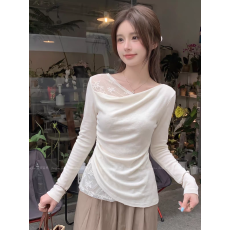 批发法式温柔风蕾丝拼接假两件斜肩荡领长袖T恤女秋季小众设计感上衣