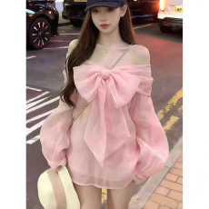 批发温柔风粉色一字肩系带荷叶边上衣女气质百搭法式简约内搭