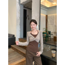 批发设计感辣妹假两件美式波点洋气长袖T恤拼接撞色修身显瘦上衣女装