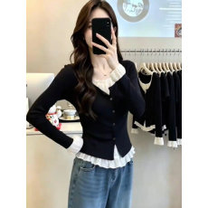 批发假两件蕾丝拼接长袖T恤女秋新款简构日常显瘦收腰短款打底衫上衣