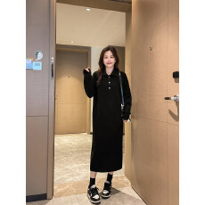 秋冬新款高领半开襟针织裙女灰色宽松遮肉长款打底毛衣连衣裙